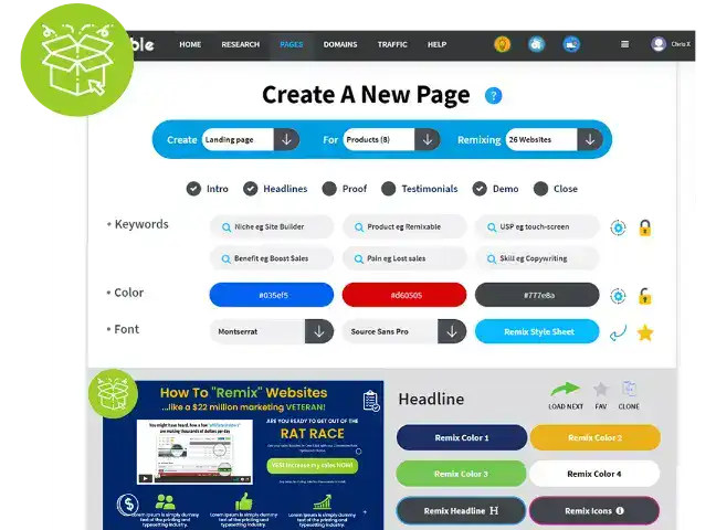 Interfața de editare Remixable unde utilizatorul poate modifica designul unui site prin funcția de remixare rapidă.