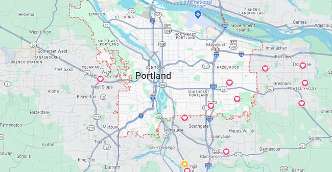 Window tinting service areas map showing Portland, Oregon, and surrounding communities