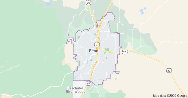 Map showing Bend, Oregon, and surrounding communities served by a professional window tinting company