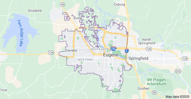 Map showing Eugene, Springfield, and surrounding communities served by a professional window tinting company in Oregon