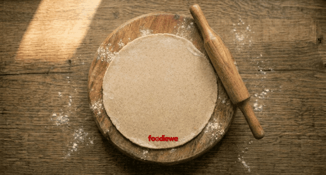 Rolling wheat dough into a thin round disc with a wooden belan