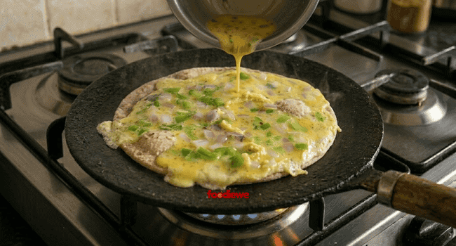 Yellow egg mixture being poured and spread over a paratha on tawa