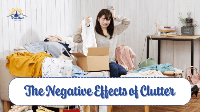 Cluttered room with woman frustrated sorting laundry and clothes, emphasizing the negative effects of clutter on mental health and stress.