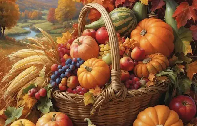 Gesunde Ernährung durch bunte Vollwertkost Ein geflochtener Korb voller herbstlicher Ernte wie Kürbisse, Äpfel, Mais und Trauben in einer warmen Landschaft. Gesunde Ernährung: Nähren Sie Ihren Körper von Innen mit naturbelassenen Lebensmitteln.