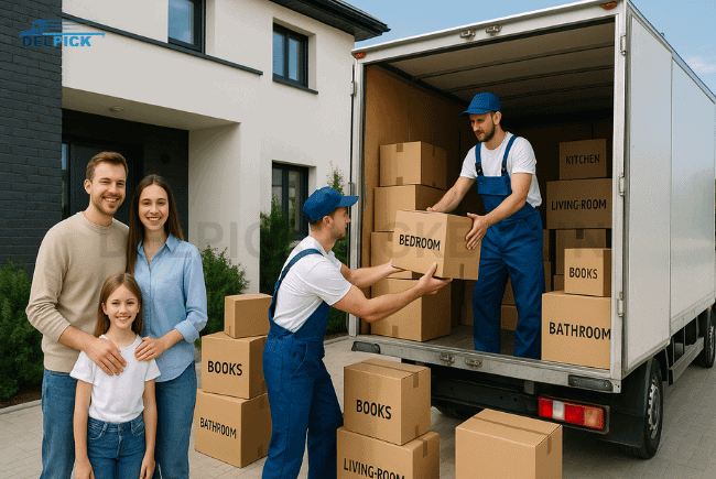 Professional packers and movers loading boxes while family supervises