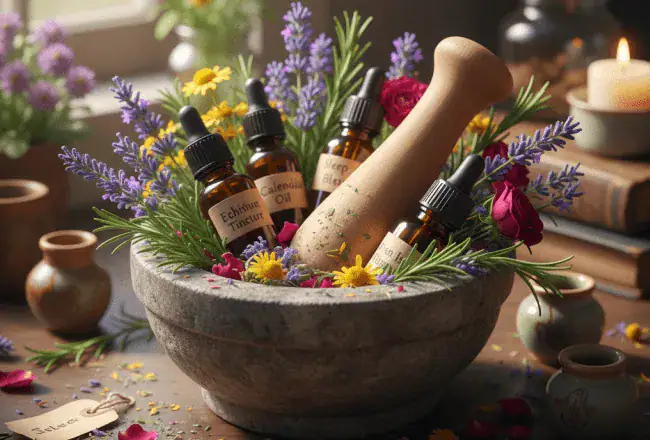 Naturheilkunde – Heilpflanzen und Tinkturen für die Gesundheit Ein Steinmörser mit Stößel, umgeben von Heilkräutern wie Lavendel und Kamille sowie kleinen Fläschchen mit Echinacea-Tinktur und Calendula-Öl – Symbol für Phytotherapie und Naturheilkunde.