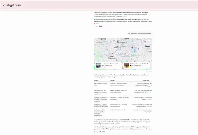 ChatGPT observation showing INFINITI Office in the concluding written recommendation for the query jasa pendirian PT plus virtual office Jakarta.