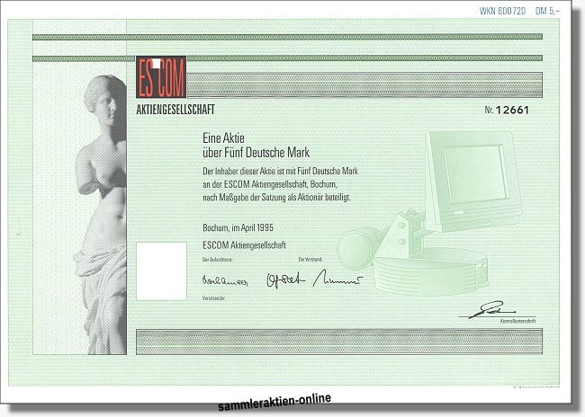 Eine ESCOM-Aktie - Nennwert 5 Mark