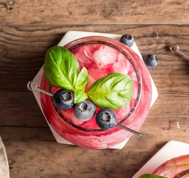 single basil blueberry margarita from above