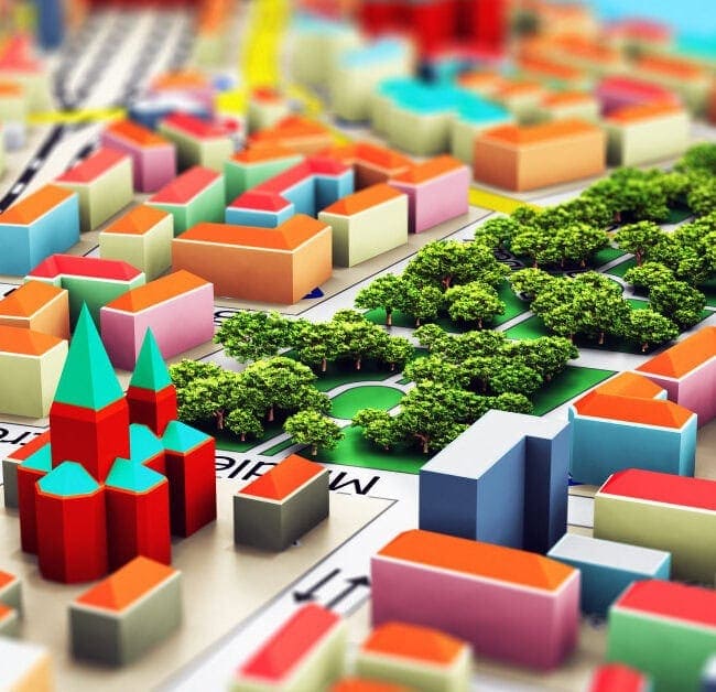 Colorful architectural model of a modern urban park and surrounding buildings with lush green trees and varied geometric shapes.
