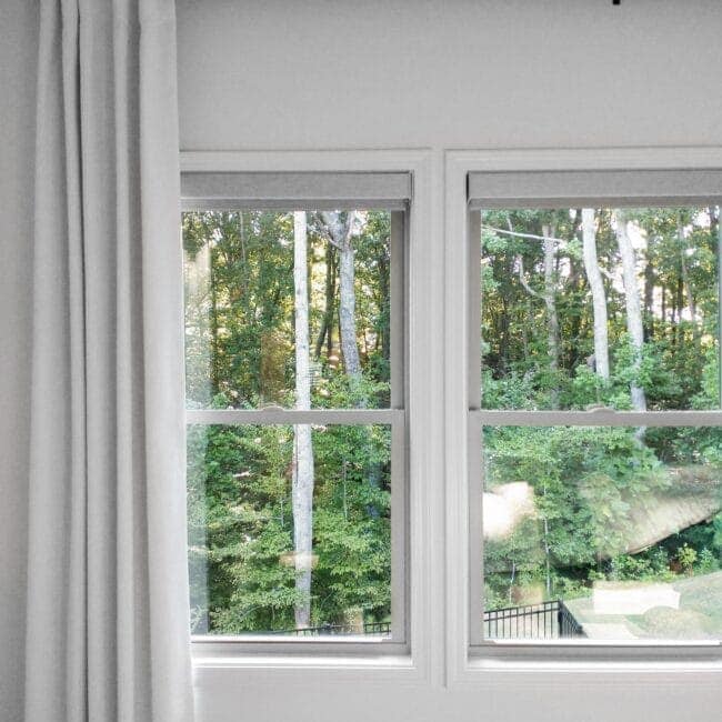 Bright natural light filters in through double windows, highlighting the lush green trees outside. White curtains add a soft touch.