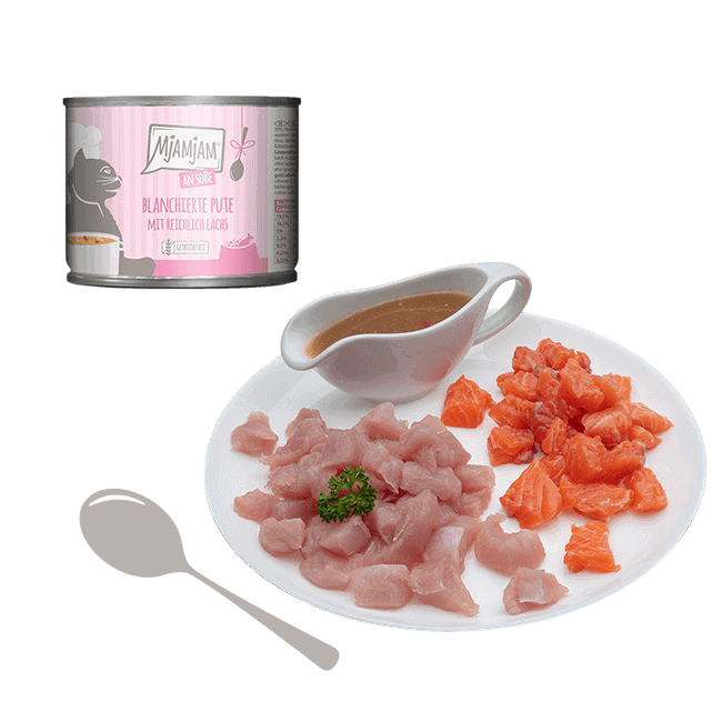 Pavo y Salmón Escaldada MjAMjAM para gato, detalle