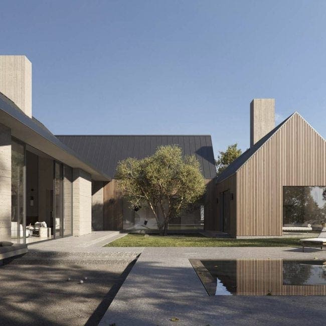Modern residential house with wood and concrete exterior, outdoor seating, and reflecting pool.