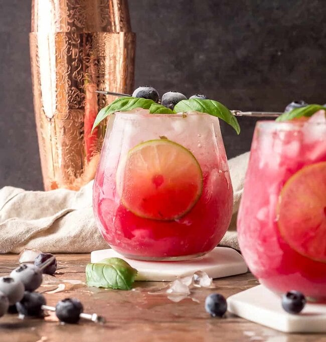 Basil Blueberry Margaritas with focus on back