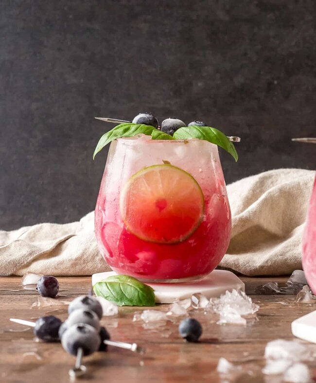 Single Basil Blueberry Margarita with Ice and garnish