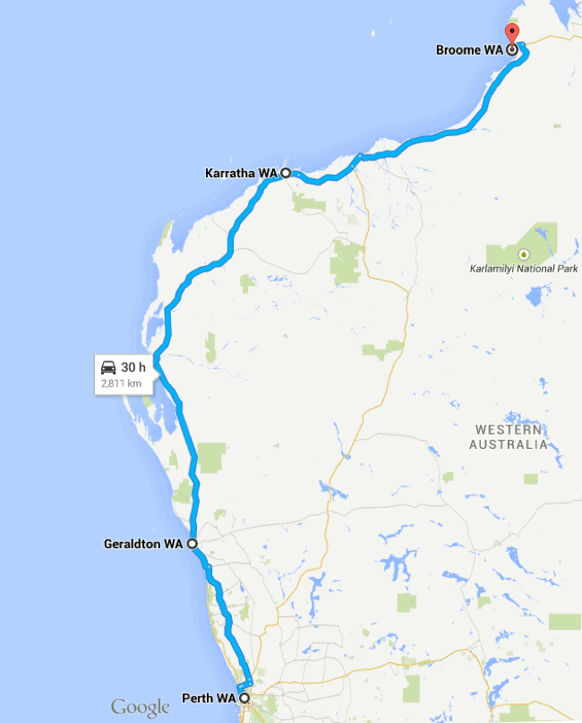 How long does it take to drive from Broome to Perth, Western Australia? 2811KMS / 1747 MILES ~ 30 HOURS