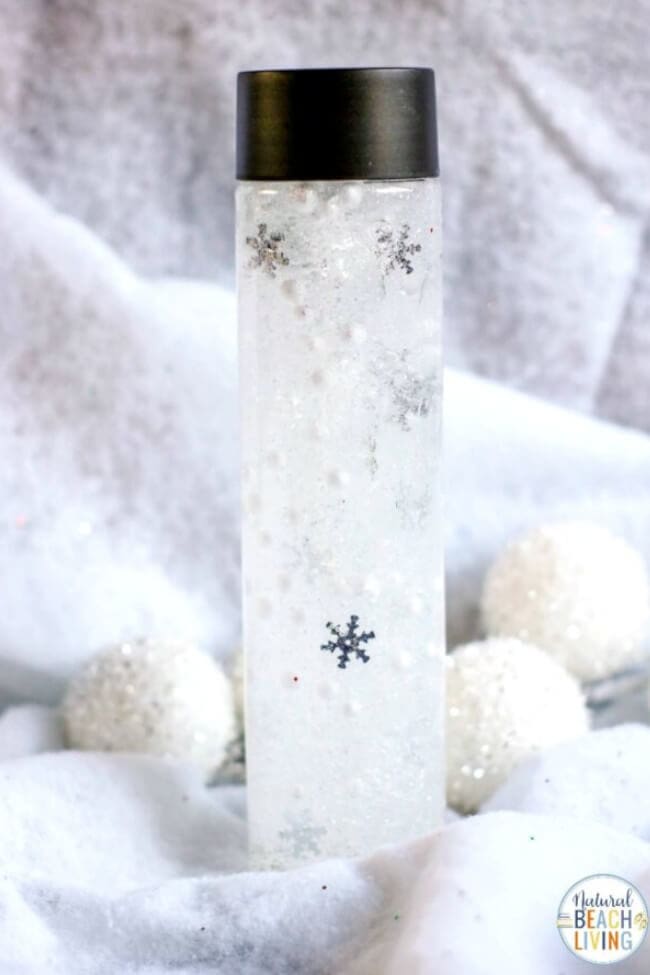 winter snow sensory bottle with glitter and sparkles