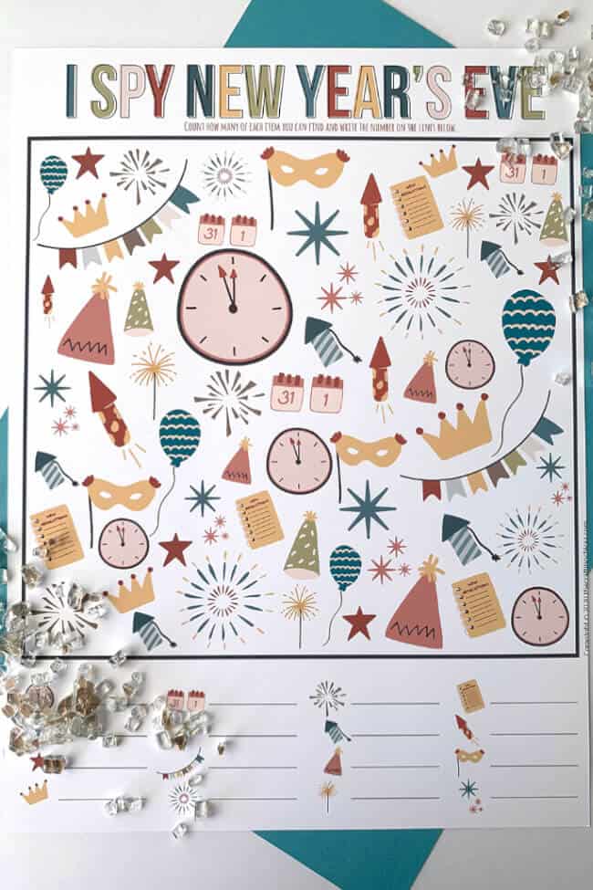 I Spy printable game for kids new years themed