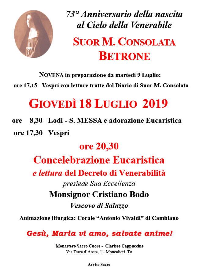 Decreto di Venerabilità -INCONTRO -GIOVEDÌ 18 LUGLIO 2019