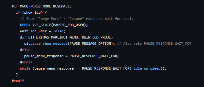 marlin advanced pause purgemore menu