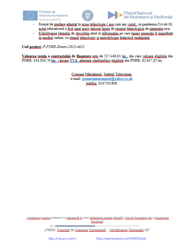 Comuna MÂRZĂNEȘTI anunta finalizarea proiectului cu titlul “DOTAREA INVATAMANTULUI PREUNIVERSITAR DIN COMUNA MÂRZĂNEȘTI, JUDETUL TELEORMAN” 1834DOT/2023 - ReplikTv