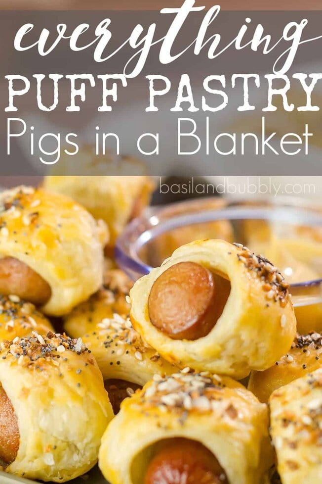 Everything Puff Pastry Pigs in a Blanket - a gourmet pig in a blanket recipe made with puff pastry and everything bagel seasoning. SO good served with mustard