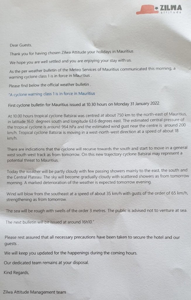 Erste Information zum Zyklon Batsirai vom Hotel