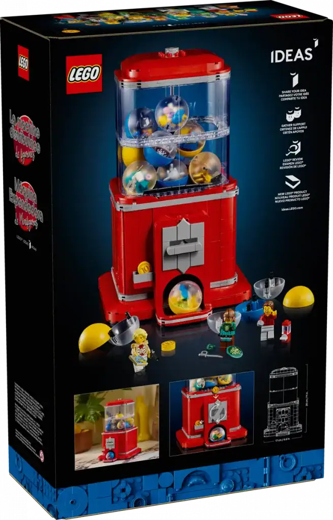 Image of the back of the box of the LEGO Ideas Minifigure Vending Machine set featuring colourful balls, mini-figures, and detailed packaging design with various features and instructions.