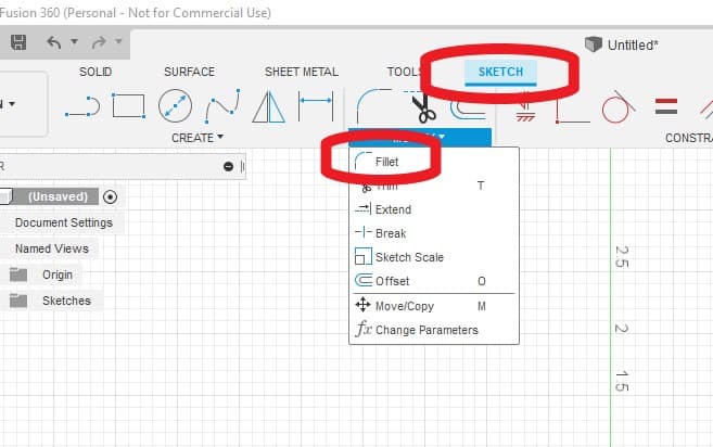 The fillet option from the sketch toolbar