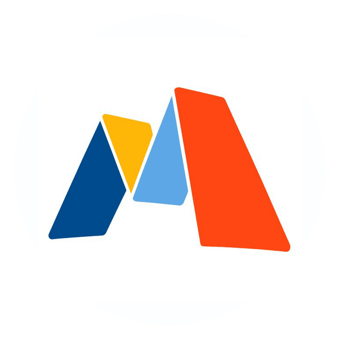 Abstract letter "M" logo with three overlapping shapes in blue, light blue, yellow, and red on a white circular background.