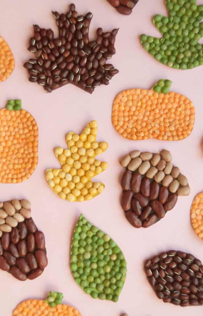 easy and fun mosaic fall-themed craft using beans in orange, brown, yellow and orange