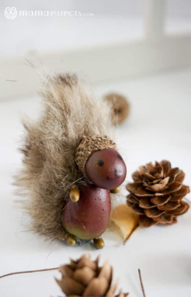 cute DIY craft of squirrel made with acorns