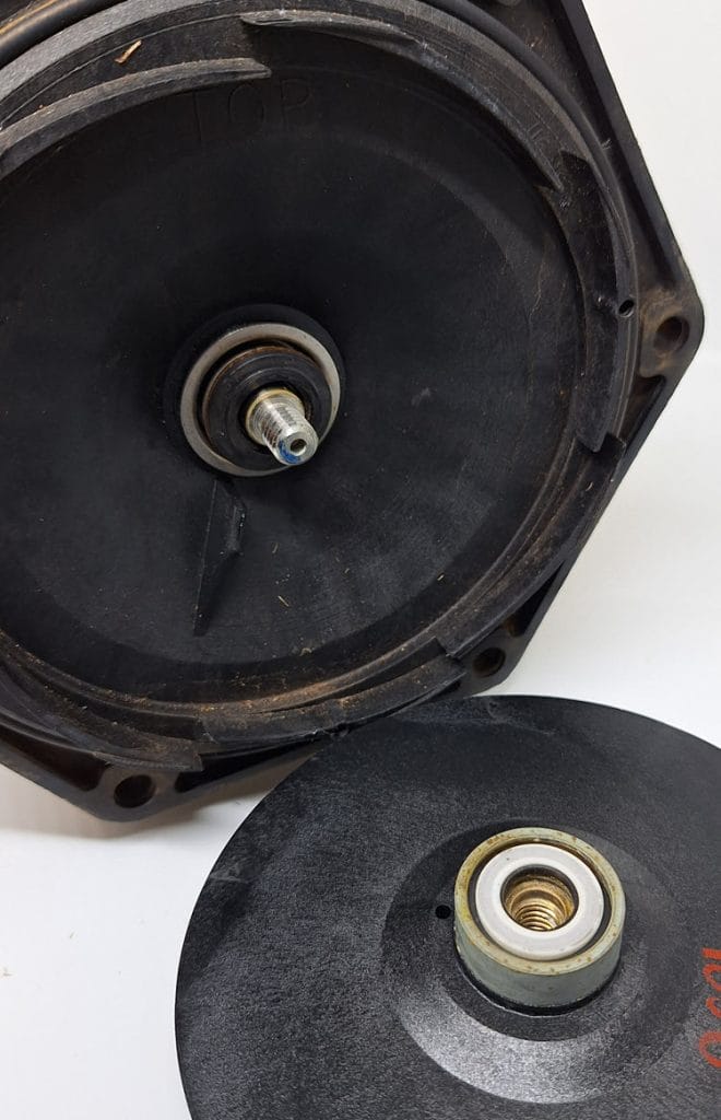 the 2 parts of a type 6A mechanical seal installed in a Davey pump after being disassembled