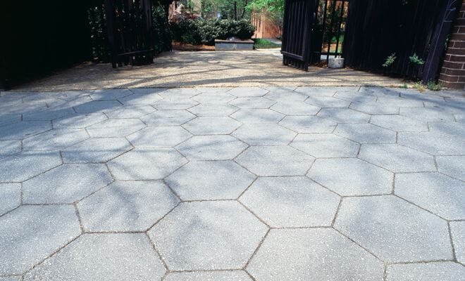 BRICK OR HONEY COMB TILES STAMPED CONCRETE PATIO IDEAS