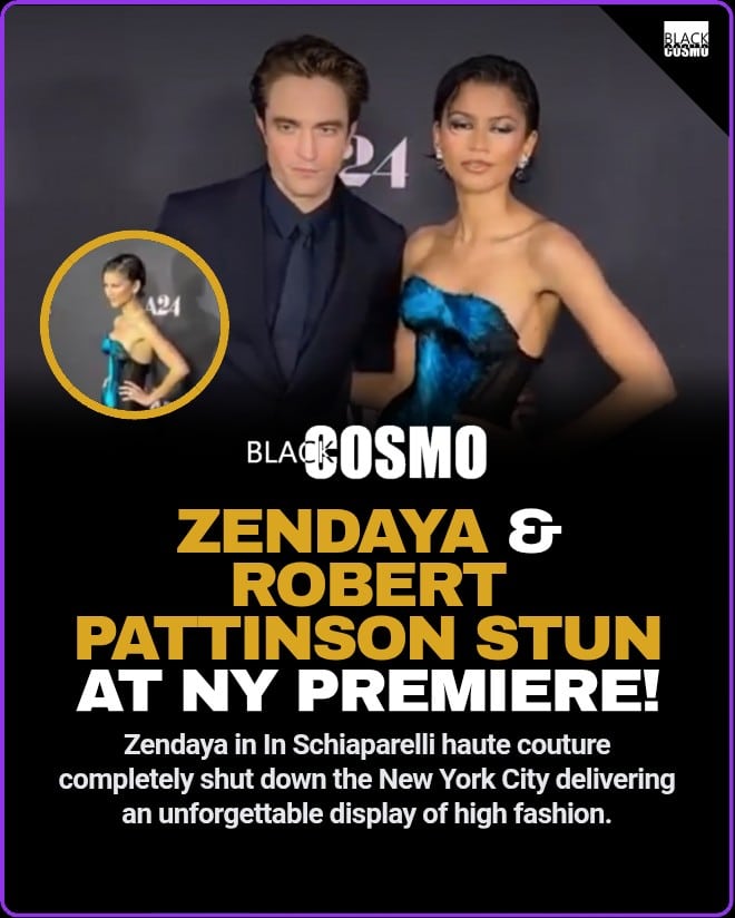 Zendaya and Robert Pattinson posing on the red carpet at the New York premiere of A24's The Drama.