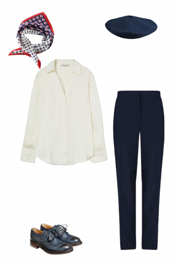 neck scarf, white shirt, navy trousers, navy beret, navy brogues