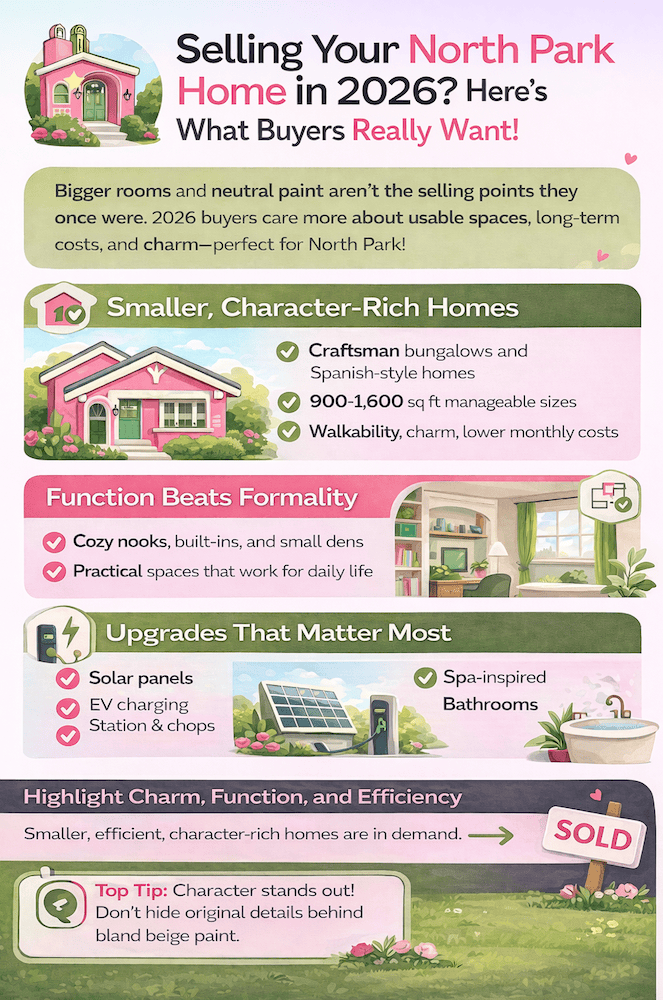 North Park 2026 home selling infographic highlighting smaller homes, character features, solar upgrades, and practical layouts buyers want