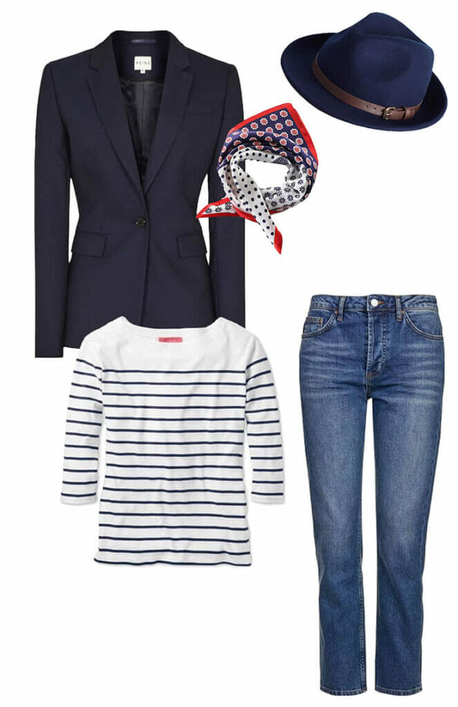 navy jacket, neck scarf, navy fedora, jeans, breton top