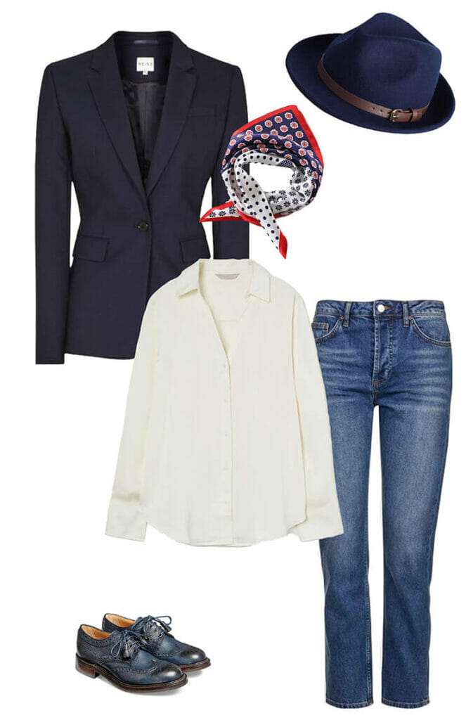 navy jacket, white shirt, neck scarf, navy brogues, fedora