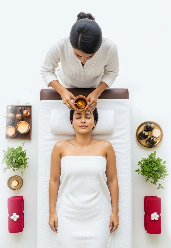 Ayurveda-This image beautifully captures Shirodhara, a foundational Ayurvedic therapy where warm, medicated oil is gently poured onto the "third eye" area of the forehead. To help you with your marketing or content strategy for this image, here is a breakdown of how to position it effectively.