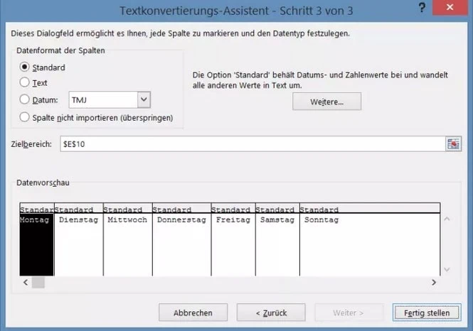 Datenformat aus Spalten auswählen CSV Spalten trennen