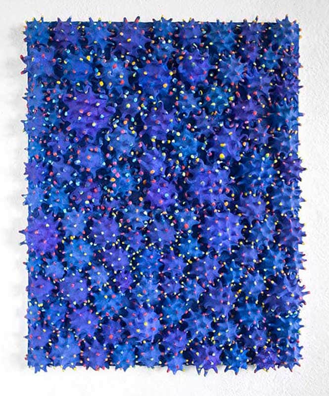  The light of the night 2010, Sculpture by Kazumasa Mizokami, Many round shaped plant-like blue objects with spikes painted in various colors on a rectangular base panel  