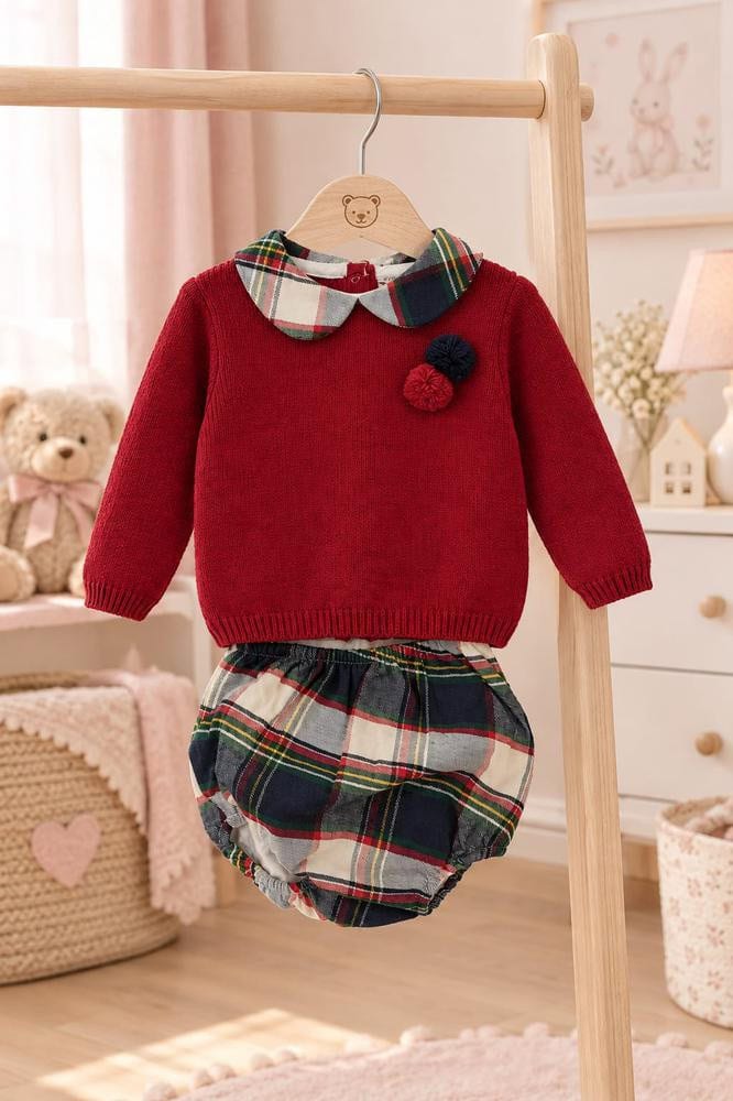 Conjunto 2 pzas braga cuadros Jersey Rojo