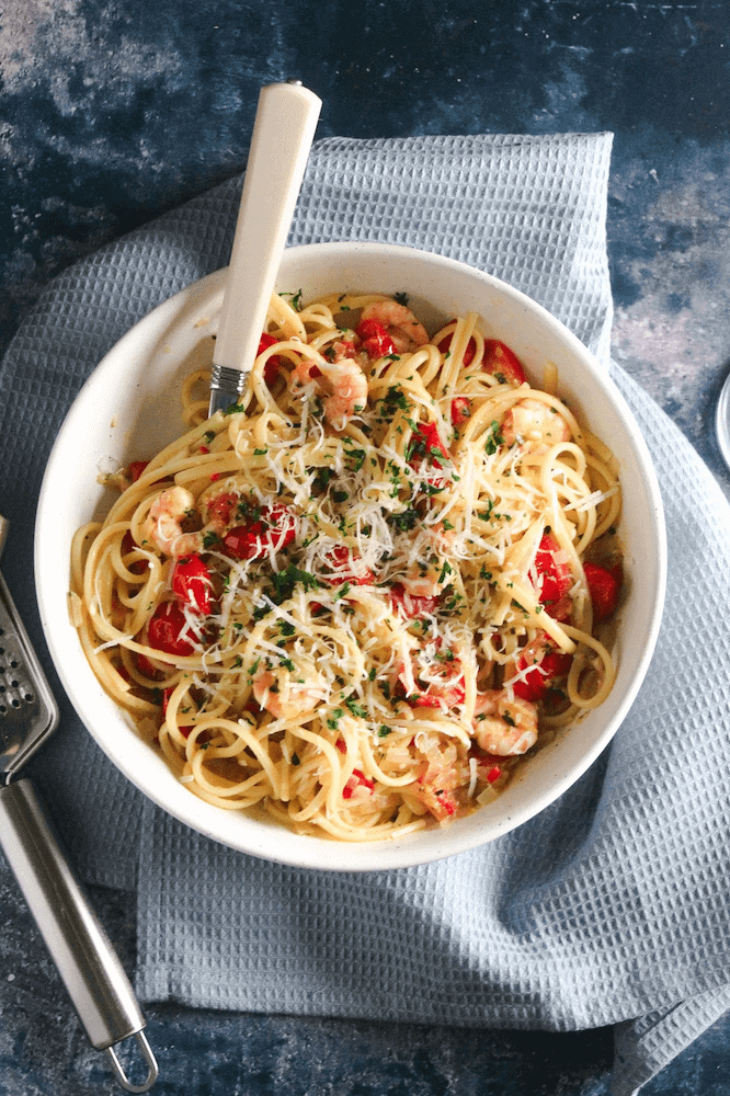 Chilli Prawn Linguine with tomatoes and white wine by Carrie Carvalho