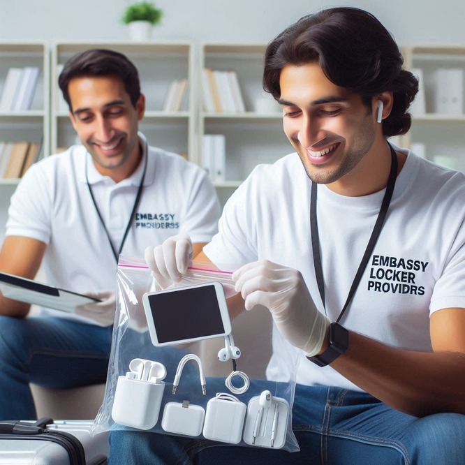 Locker service near US Embassy - Embassy Locker Providers putting electronics items in a locker bag near US Embassy New Delhi