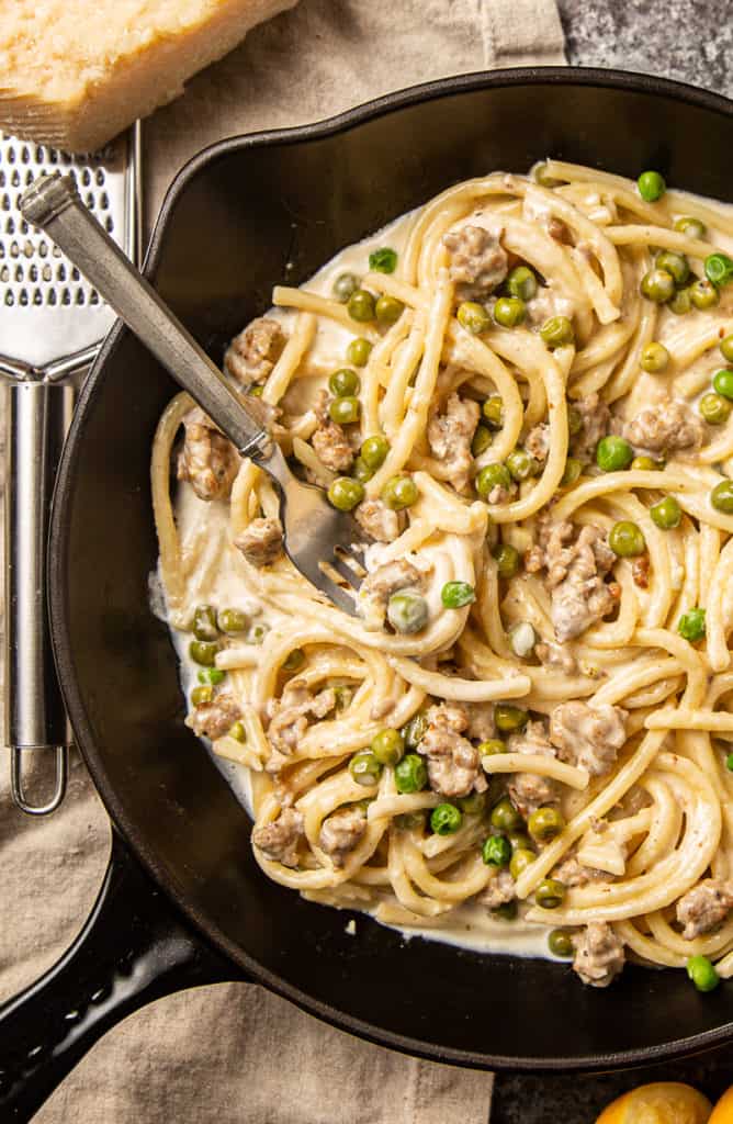 lemon pasta with sausage and frozen peas