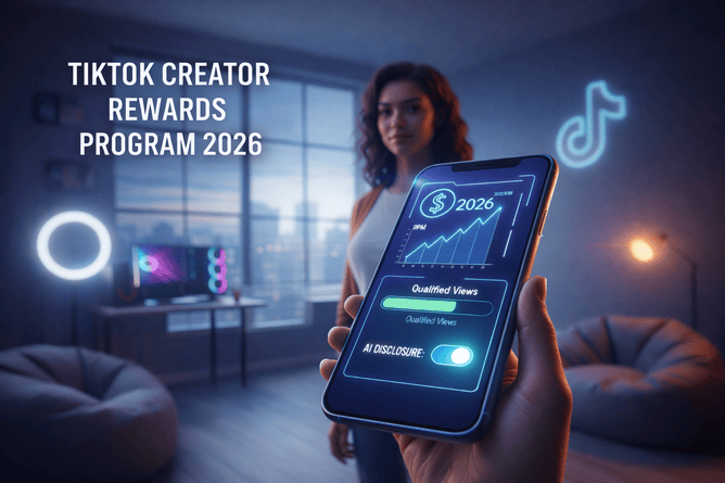Close up of a smartphone showing a 2026 TikTok monetization dashboard with rising RPM and qualified views graph.