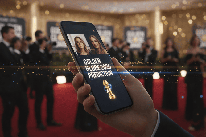 A smartphone displaying a Golden Globes TikTok moments prediction video against a blurred red carpet background.