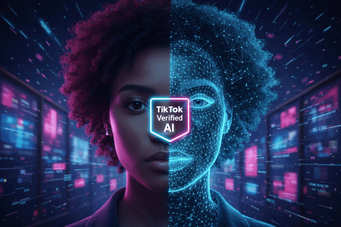 A split-screen visual showing a real person's face next to a digital AI wireframe with a TikTok Verified AI badge.