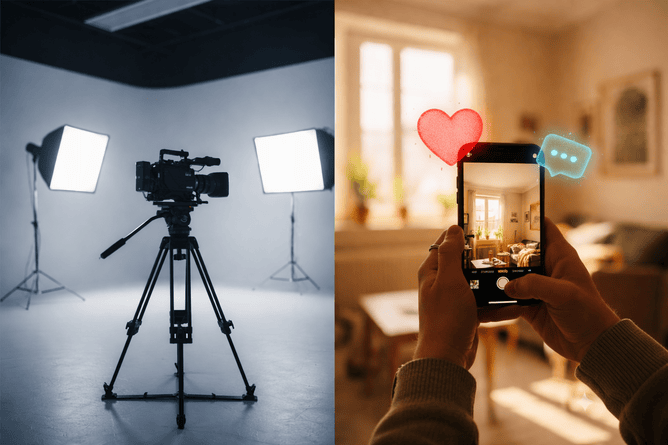 Illustrate why TikTok rewards average videos with a split-screen comparison showing a professional dark film studio with a tripod on the left, and a person's hands holding a smartphone filming a bright, messy living room with a TikTok heart and comment bubble on the right.